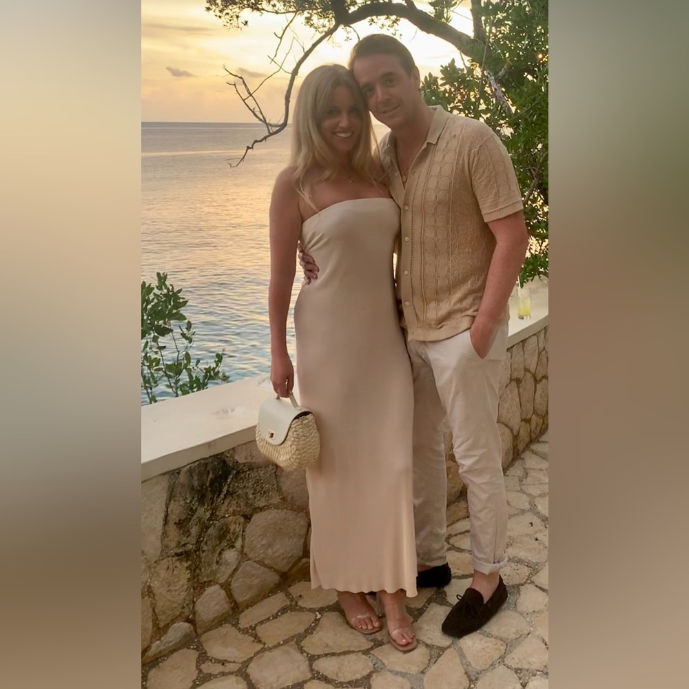 Strapless beige low back  midi dress